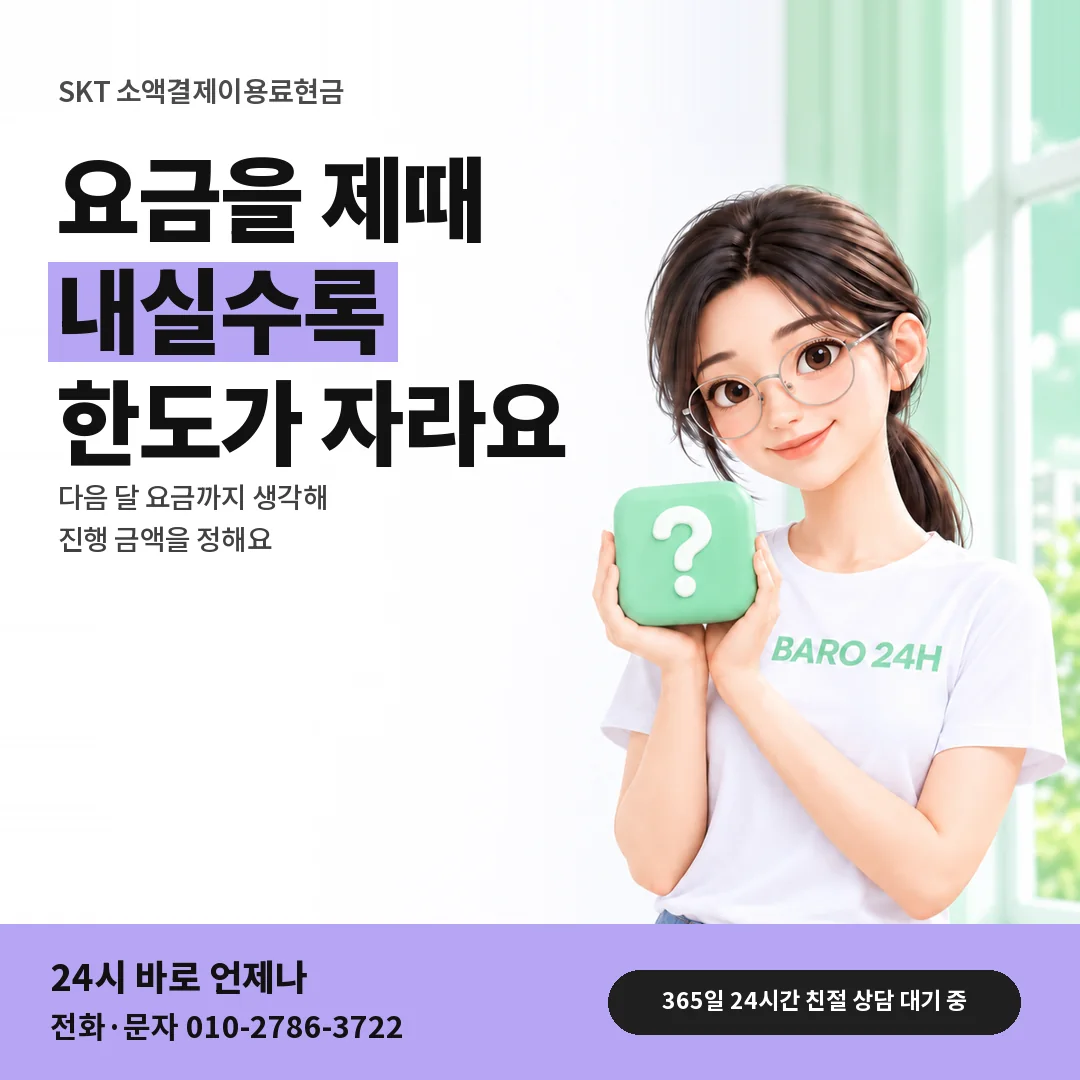 물음표 상자를 든 BARO 24H 티셔츠를 입은 3D 인물 옆에 「SKT 요금 제때 내기와 한도」 제목을 얹은 안내 카드