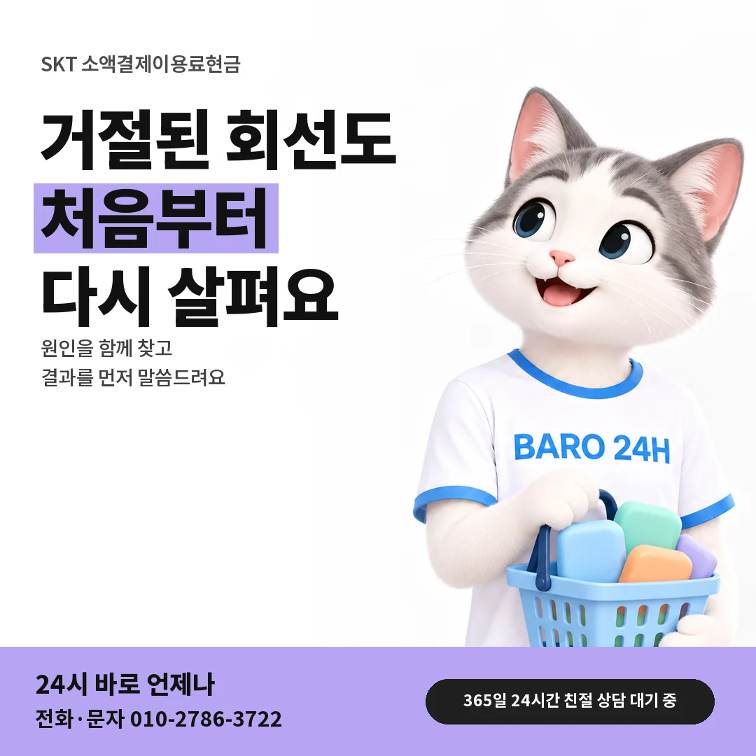 BARO 24H 티셔츠를 입은 3D 동물 캐릭터 옆에 「SKT 다른 곳에서 거절됐을 때」 제목을 얹은 안내 카드