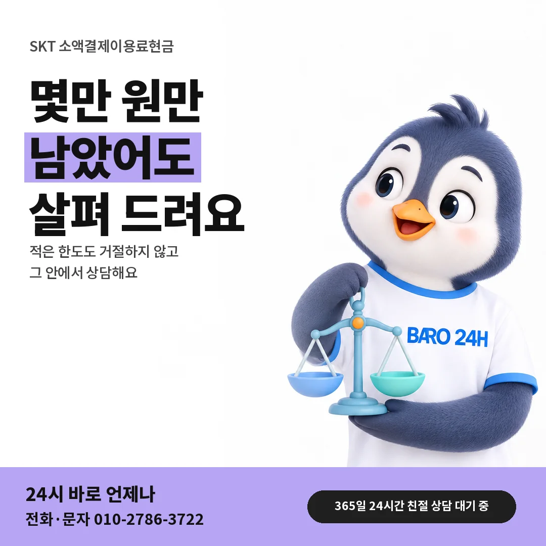 BARO 24H 티셔츠를 입은 3D 동물 캐릭터 옆에 「SKT 남은 한도가 적을 때」 제목을 얹은 안내 카드